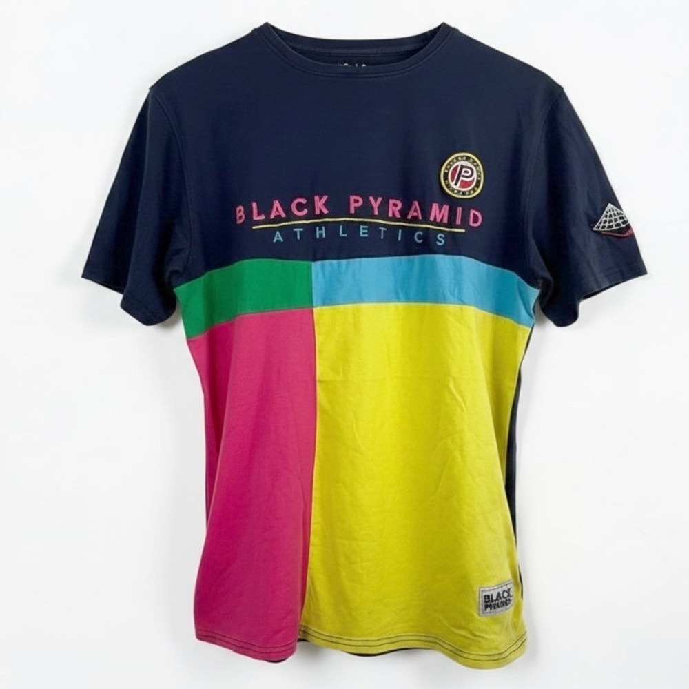 Black Pyramid Athletics Colorblock T-Shirt Mens Medium Navy Yellow Streetwear